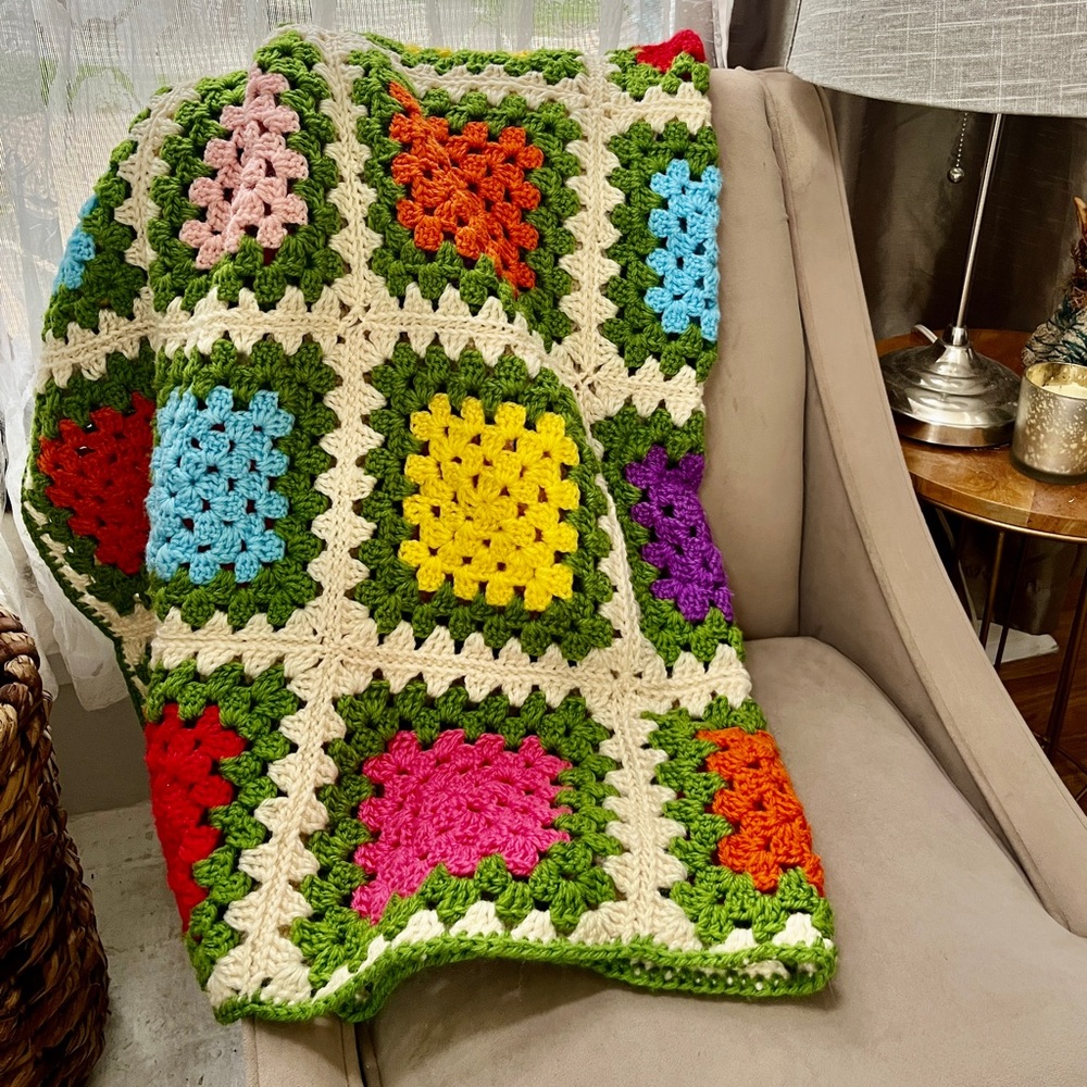 Vintage Handmade Crochet Green Multicolor Granny Square Afghan Throw Blanket